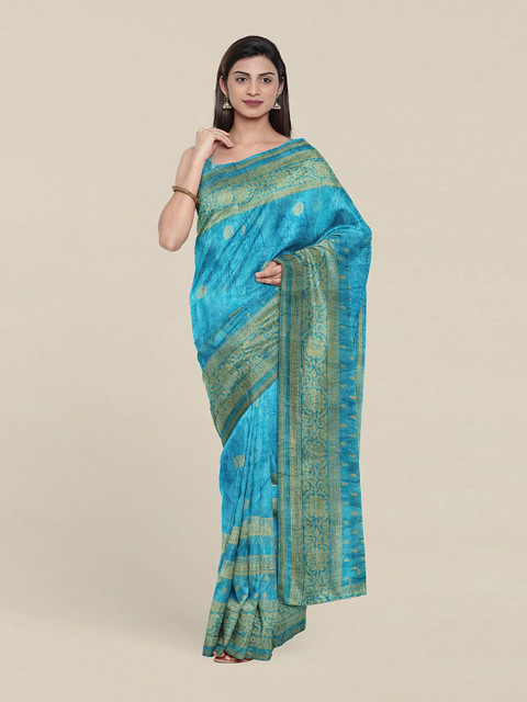 

Pothys Blue & Gold-Toned Floral Printed Saree