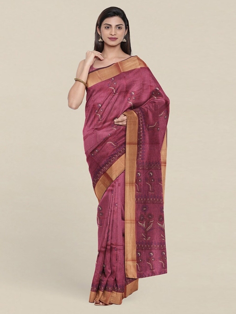 

Pothys Pink & Gold-Toned Floral Zari Cotton Blend Saree