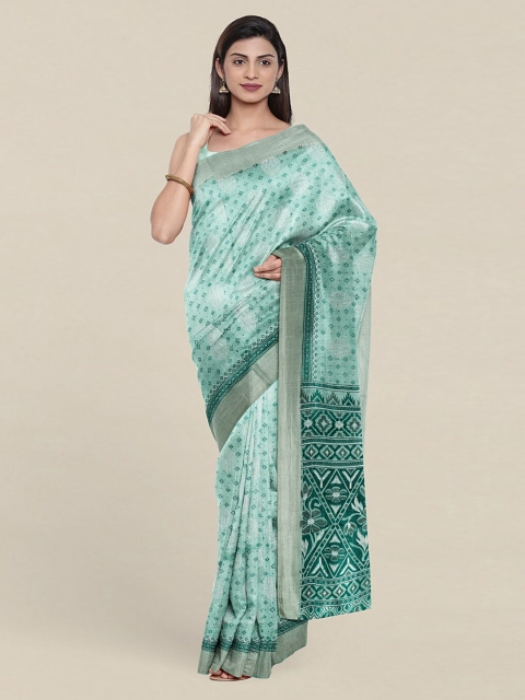 

Pothys Green & White Floral Zari Cotton Blend Saree