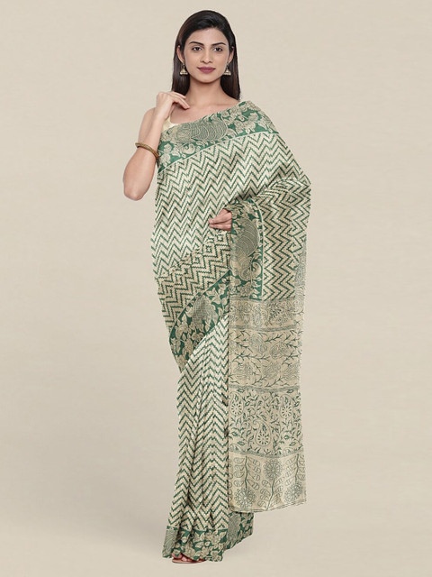 

Pothys Cream-Coloured & Green Pure Cotton Saree
