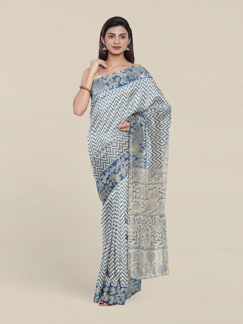 

Pothys Cream-Coloured & Blue Pure Cotton Saree