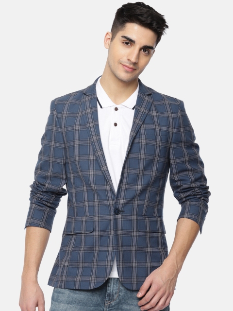 

Jack & Jones Men Blue Checked Single-Breasted Casual Pure Cotton Blazer