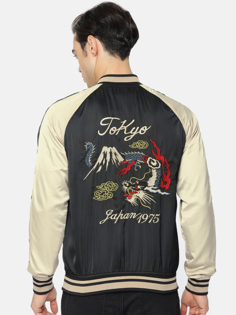 

Jack & Jones Men Navy Blue & Beige Solid Embroidered Bomber