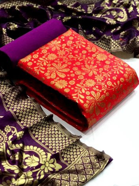 

MORLY Red & Purple Dupion Silk Unstitched Dress Material