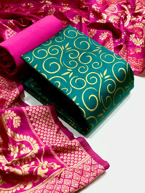 

MORLY Women Green & Pink Dupion Silk Unstitched Dress Material