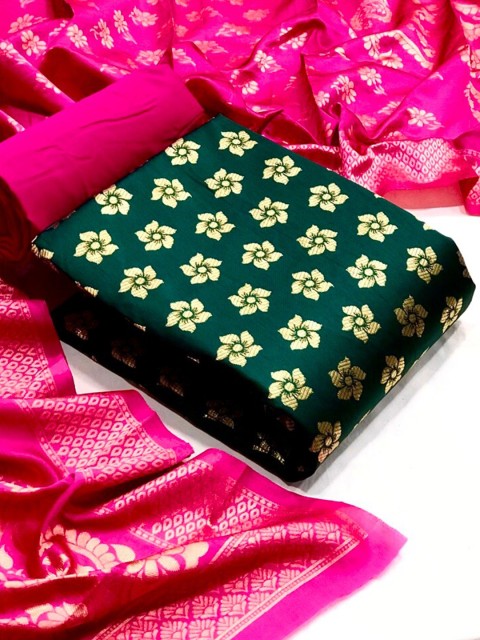 

MORLY Green & Pink Dupion Silk Unstitched Dress Material