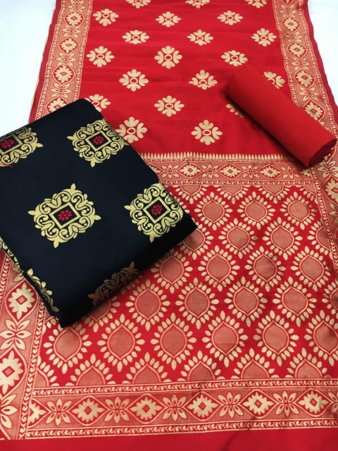 

MORLY Black & Red Dupion Silk Unstitched Dress Material