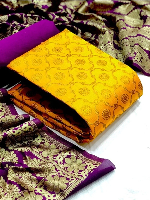 

MORLY Yellow & Purple Dupion Silk Unstitched Dress Material