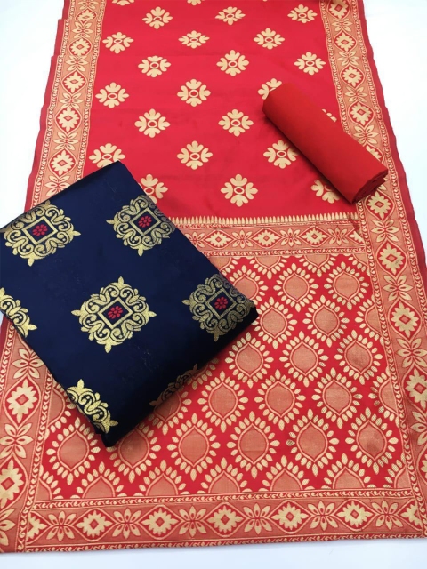 

MORLY Women Blue & Red Dupion Silk Unstitched Dress Material