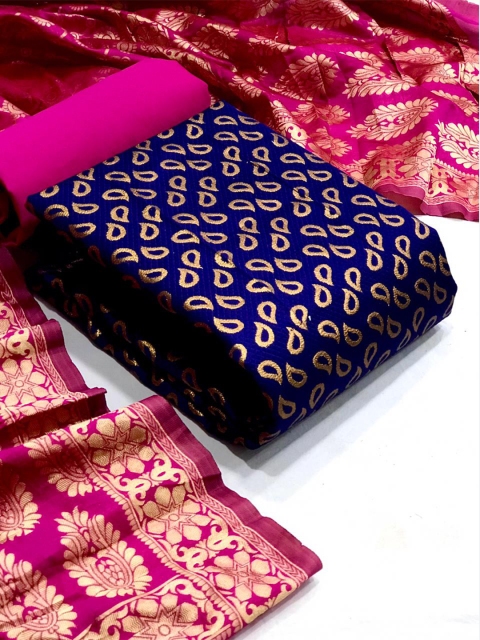 

MORLY Navy Blue & Pink Dupion Silk Unstitched Dress Material