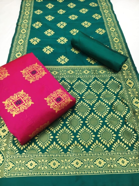 

MORLY Pink & Green Dupion Silk Unstitched Dress Material