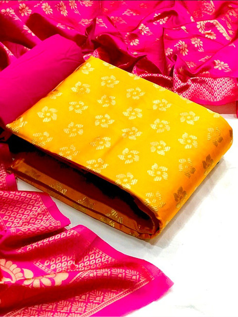 

MORLY Women's Yellow & Pink Dupion Silk Unstitched Dress Material