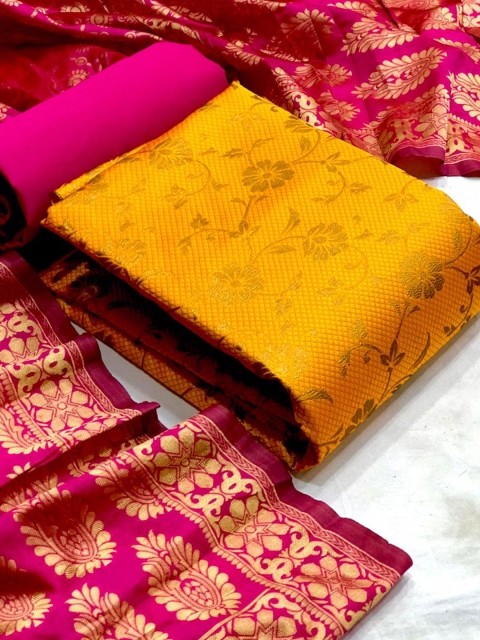 

MORLY Yellow & Pink Dupion Silk Unstitched Dress Material