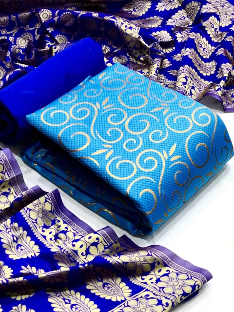 

MORLY Women Turquoise Blue & Gold-Toned Dupion Silk Unstitched Dress Material