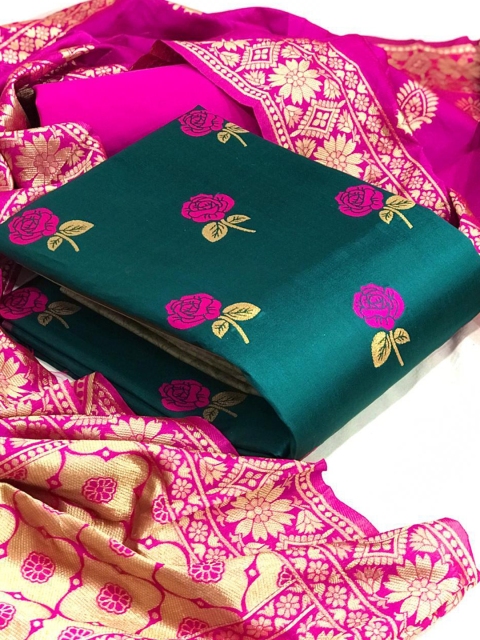 

MORLY Green & Pink Dupion Silk Unstitched Dress Material