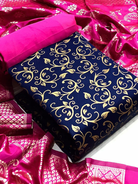 

MORLY Women Blue & Pink Dupion Silk Unstitched Dress Material