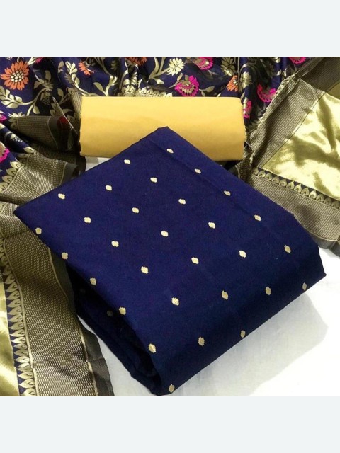 

MORLY Navy Blue & Beige Dupion Silk Unstitched Dress Material