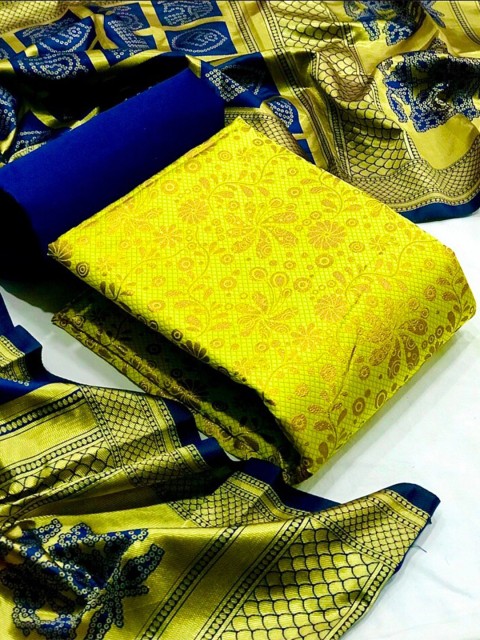 

MORLY Women Lime Green & Blue Dupion Silk Unstitched Dress Material