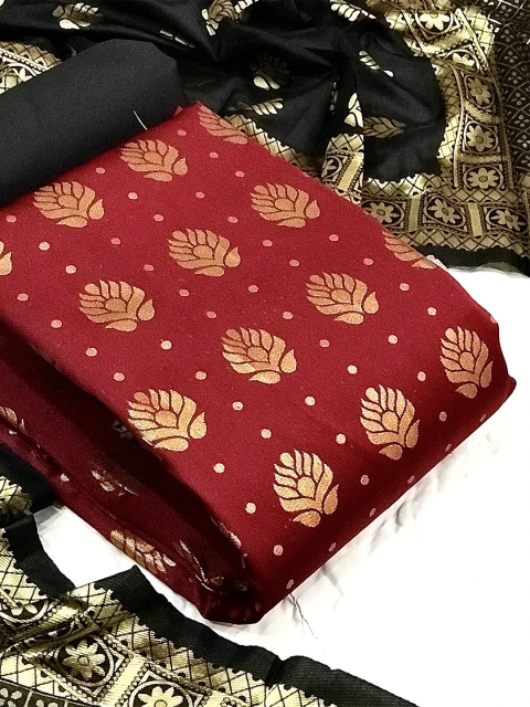 

MORLY Maroon & Black Dupion Silk Unstitched Dress Material