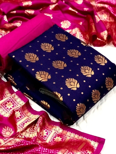 

MORLY Navy Blue & Pink Dupion Silk Unstitched Dress Material