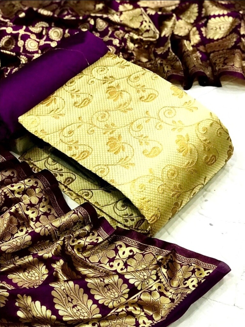 

MORLY Beige & Violet Dupion Silk Unstitched Dress Material