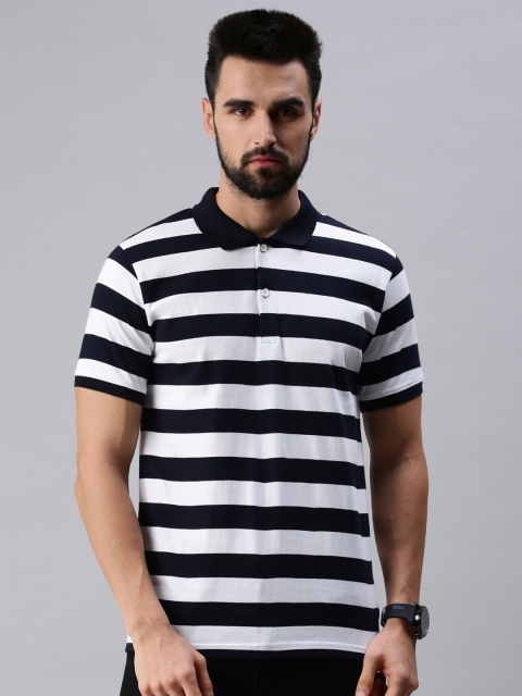 

PEPPYZONE Men Navy Blue & White Striped Polo Collar T-shirt