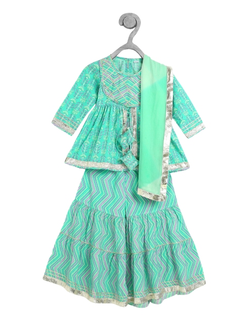 

Ka-mee Girls Green Floral Printed Angrakha Pure Cotton Kurti with Palazzos & With Dupatta