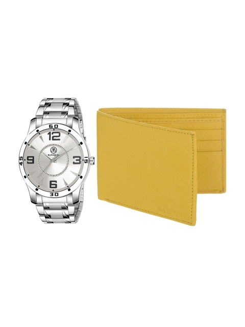 

MARKQUES Set of 2 Men Yellow Leather Wallet & Silver Toned Watch Combo Gift Set