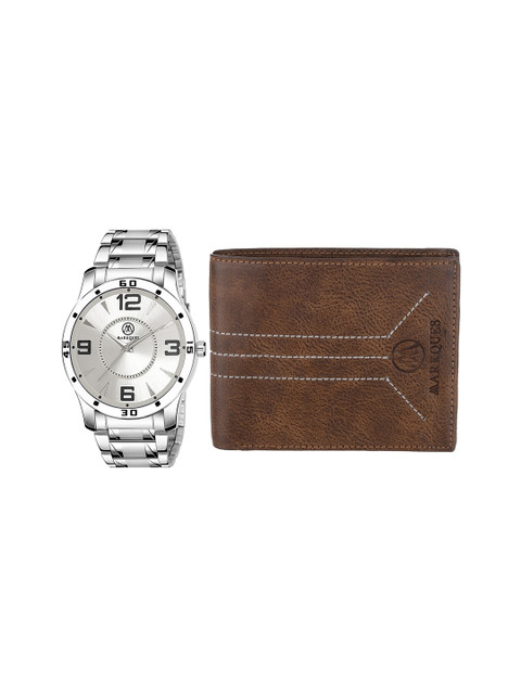 

MARKQUES Men Silver-Toned & Brown Watch & Wallet Combo Accessory Gift Set