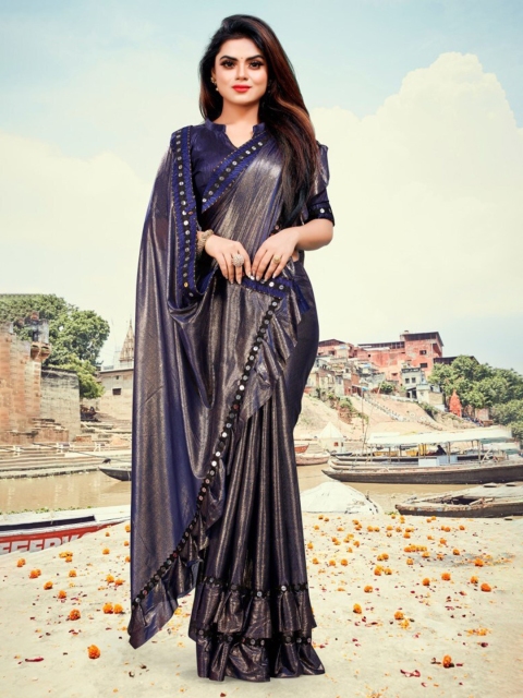 

CLOMITA Grey & Navy Blue Mirror Work Ruffles Lycra Saree