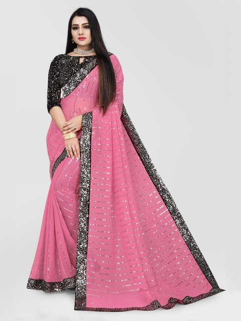 

CLOMITA Pink & Black Striped Sequined Georgette Saree