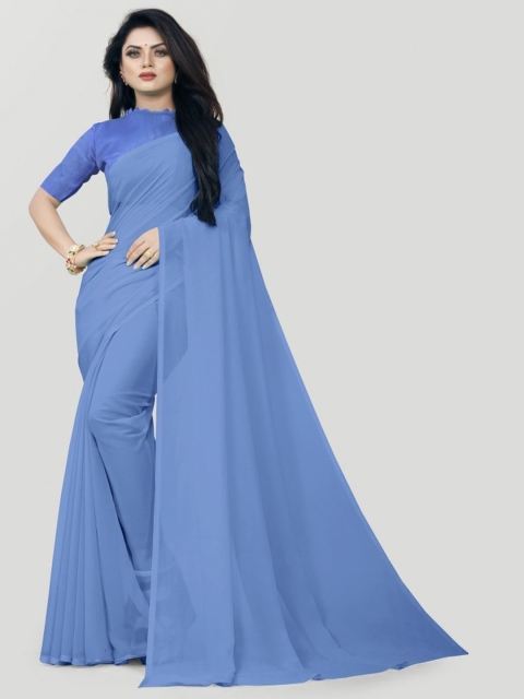 

CLOMITA Blue Solid Pure Georgette Daily Wear Saree