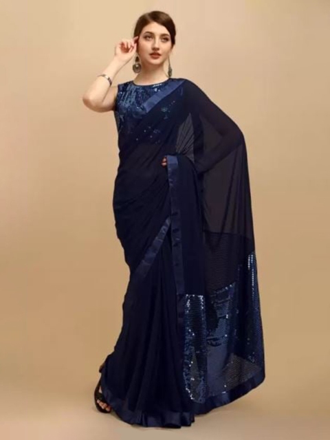 

CLOMITA Navy Blue & Black Embroidered Georgette Sequined Saree