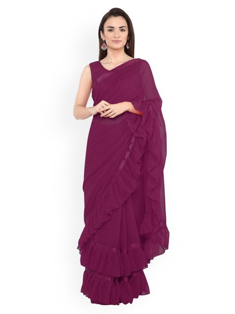 

CLOMITA Purple Solid Ruffles Pure Georgette Saree