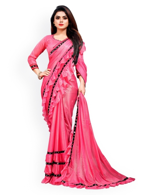 

CLOMITA Pink & Coffee Brown Embellished Lycra Mirror Work Saree