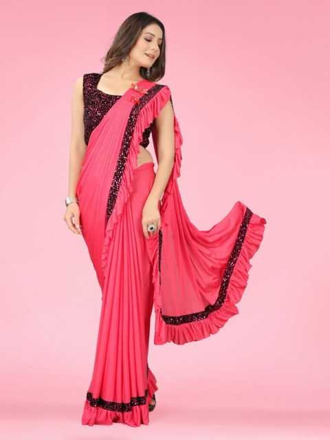 

CLOMITA Pink & Black Sequined Ruffles Lycra Saree