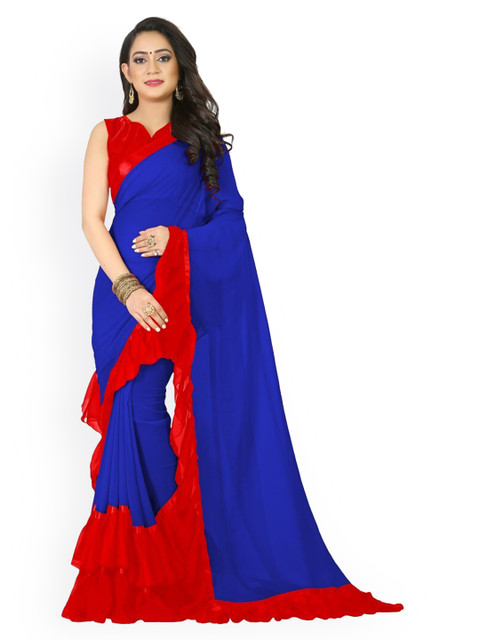

CLOMITA Red & Blue Solid Ruffles Pure Georgette Saree