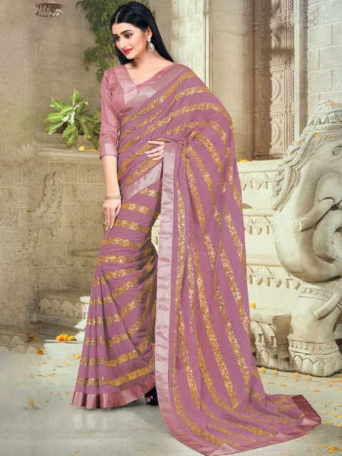 

CLOMITA Mauve & Gold Embellished Striped Georgette Saree