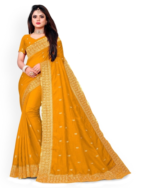 

CLOMITA Yellow & Gold Embroidered Art Silk Saree