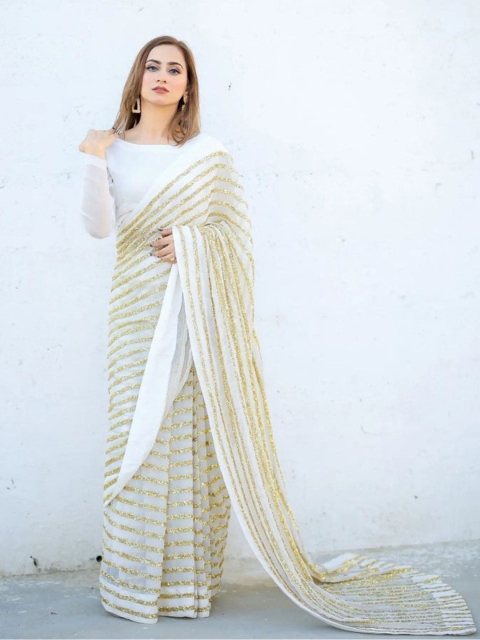 

CLOMITA White & Gold Striped Sequined Georgette Saree