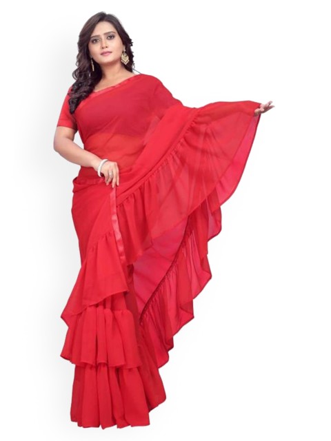 

CLOMITA Red Solid Ruffles Lace Saree