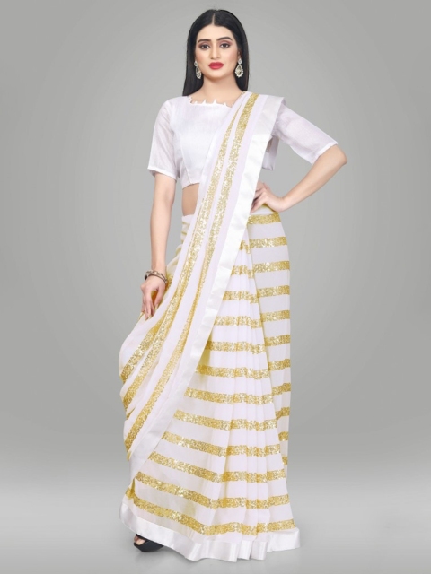 

CLOMITA White & Gold Striped Sequined Georgette Saree