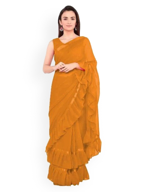 

CLOMITA Mustard Solid Poly Georgette Ruffles Saree