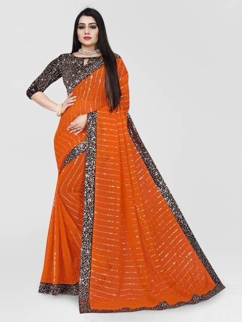

CLOMITA Orange Striped Sequinned Pure Georgette Saree