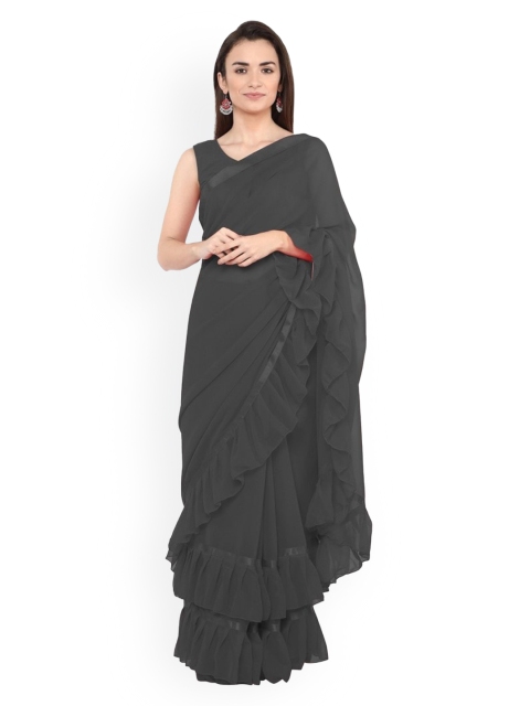 

CLOMITA Charcoal Solid Georgette Ruffled Saree