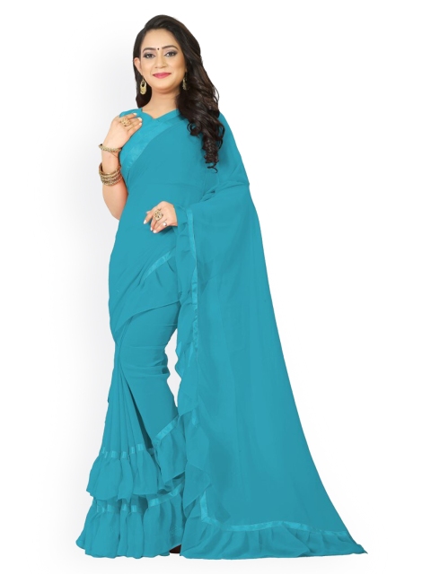 

CLOMITA Blue Solid Pure Georgette Ruffled Saree