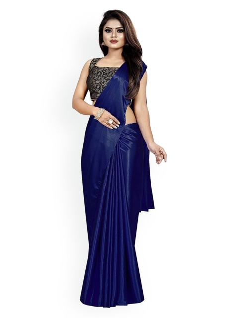 

CLOMITA Navy Blue & Black Solid Satin Saree
