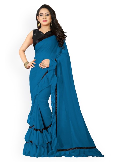 

CLOMITA Blue & Black Pure Georgette Ruffle Saree
