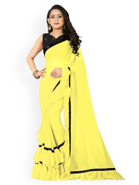 

CLOMITA Yellow & Black Solid Poly Georgette Ruffled Saree