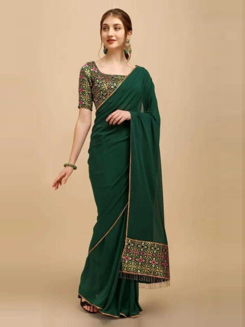 

CLOMITA Green & Golden Solid Georgette Saree